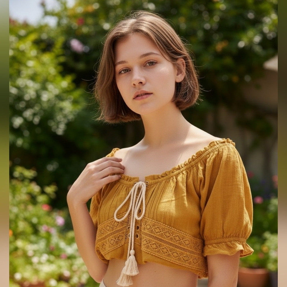 Ambiance Mustard Lace-Trim Crop Top